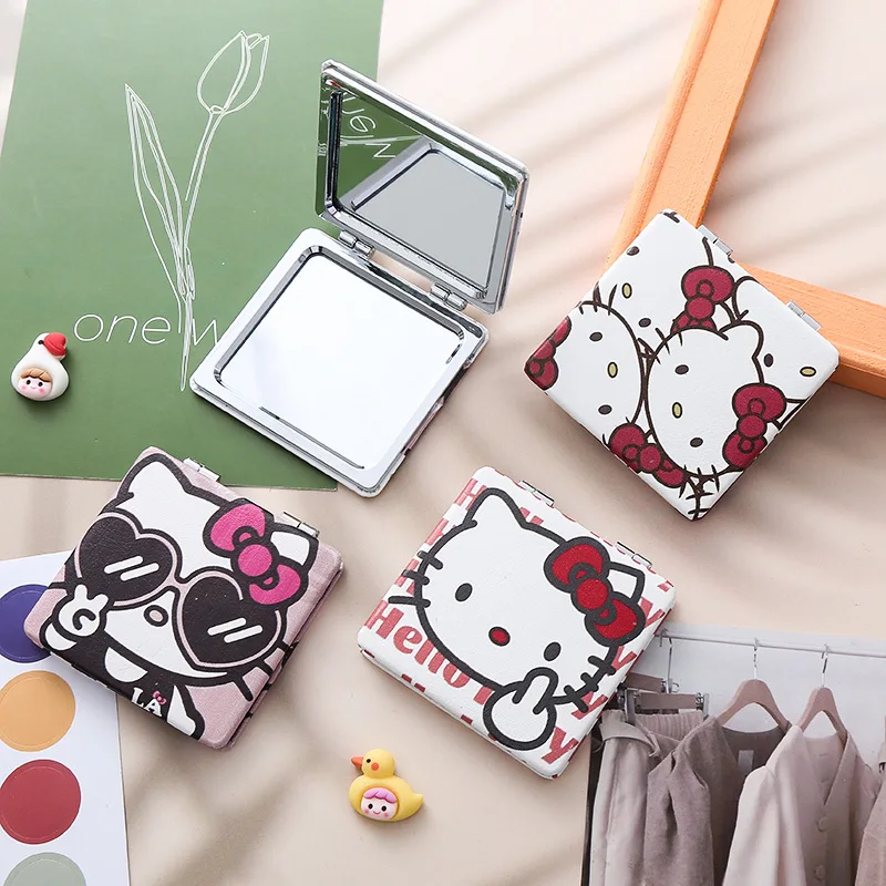 Sanrio Series Hello Kitty Kawaii Cartoon Anime Frame PU Leather Girly Heart Mini Folding Mini Double-sided Mirror Holiday Gift