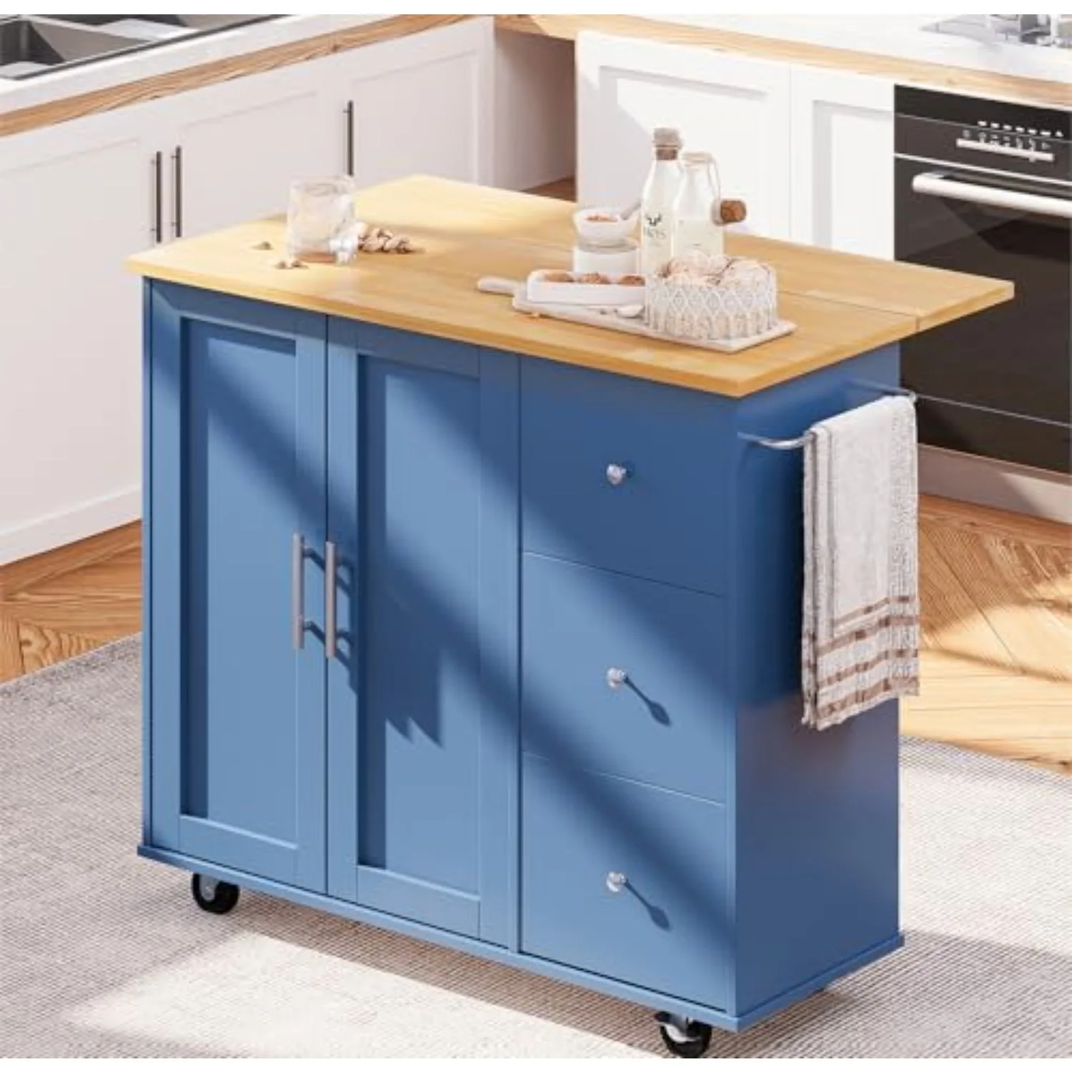 Kitchen Island on Wheels with Storage Cabinet & Foldable Drop Leaf, Rolling Kitchen Table, Cart Handle for Towel Rack
