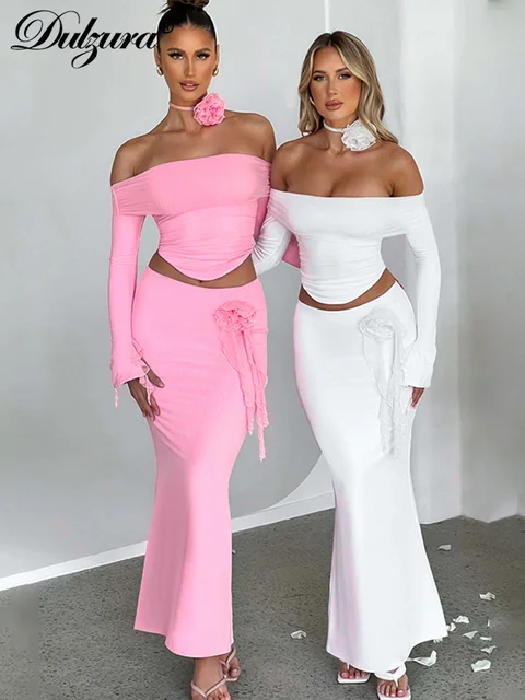Dulzura Dopasowany garnitur Akcesoria na szyję Kwiat 3D Długi rękaw na ramiączkach Crop Top Frędzle Spódnica Maxi 2024 Jesień Kobiety