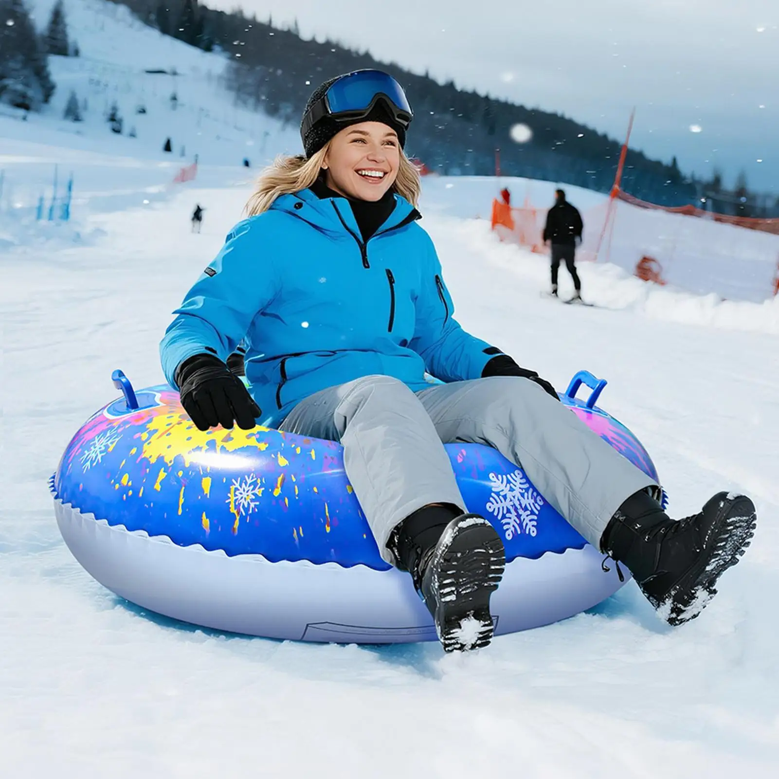 Inflatable Snow Disk/Tube Sled with Handles for All Ages Heavy-Duty & Cold-Resistant for Thrilling Rides