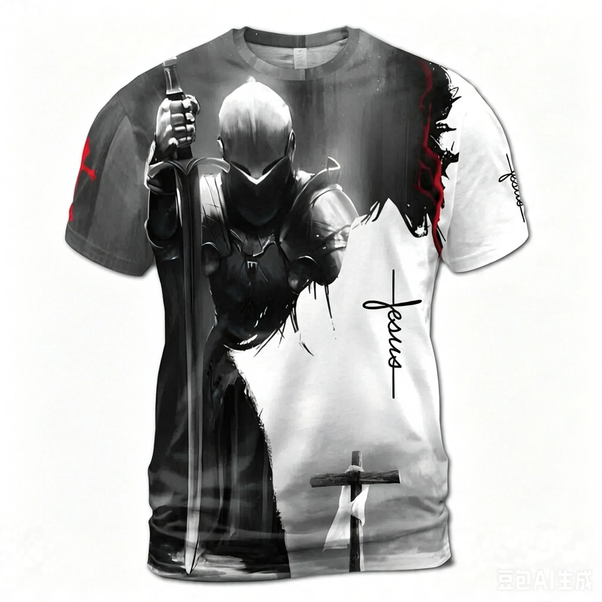 Men Christian Jesus Knight Cross Graphic Tee Crew Neck Short Sleeve Believer Prayer Gift Casual Streetwear Daily Wear Tshirt Top
