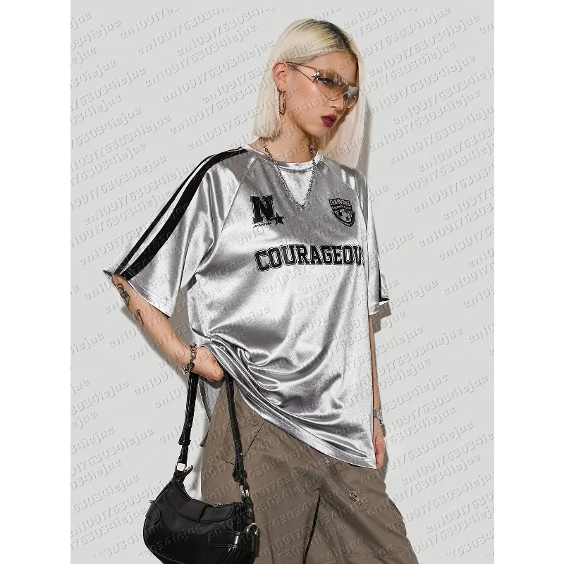 Women's Kid Summer/Printed Sports Jersey T-Shirt/Loose-Fit, Metallic Silvery/Suitable for Music Festivals and Sports Occasions