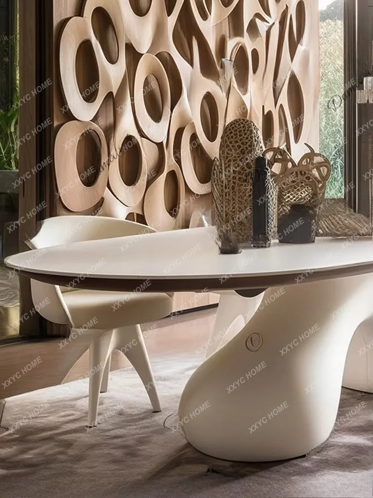 Medieval dining table, solid wood cream wind long dining table, rock slab ten people long table design sense creativity