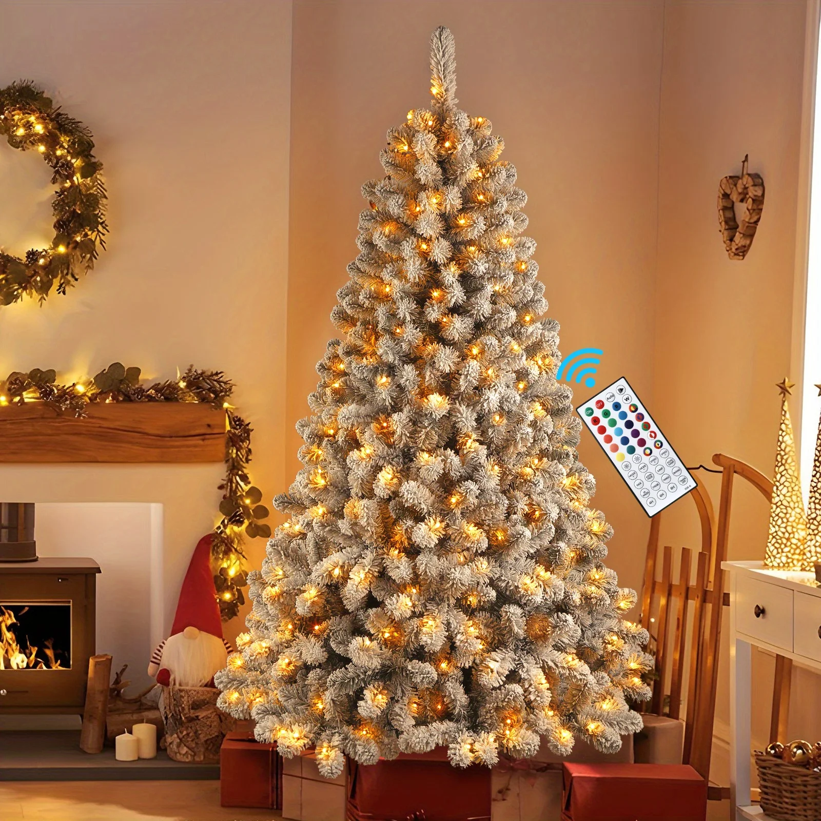 

6.5ft Artificial Christmas Tree with Enhanced Remote. Snow Flocked, 330 Pre-lit RGB Lights & 900 Whole-Snow Branch Tips