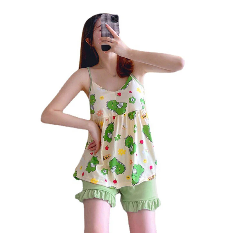 Summer Sweet Pajamas Set Women Cartoon Printed Tops Shorts With Chest Pad