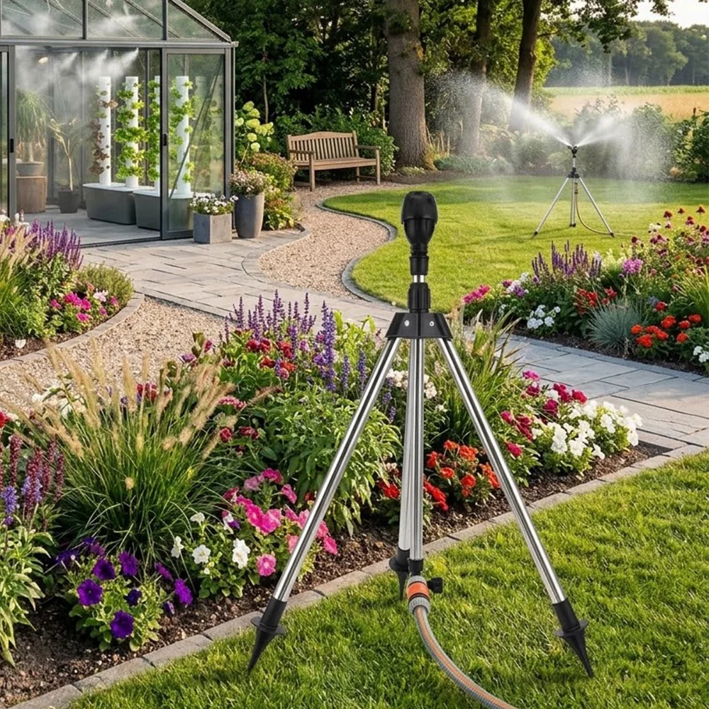 Automatic Rotating Sprinkler 360 Degree Garden Stainless Steel Tripod Set Irrigation Stand Water Jet Lawn Sprinkler Tool Kit