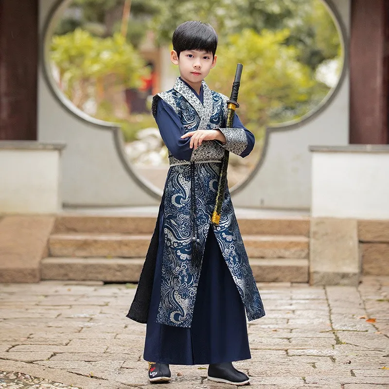 Fato de brocado acetinado para crianças de meia idade, cavaleiro tradicional chinês-Erram, Hanfu infantil melhorado, primavera