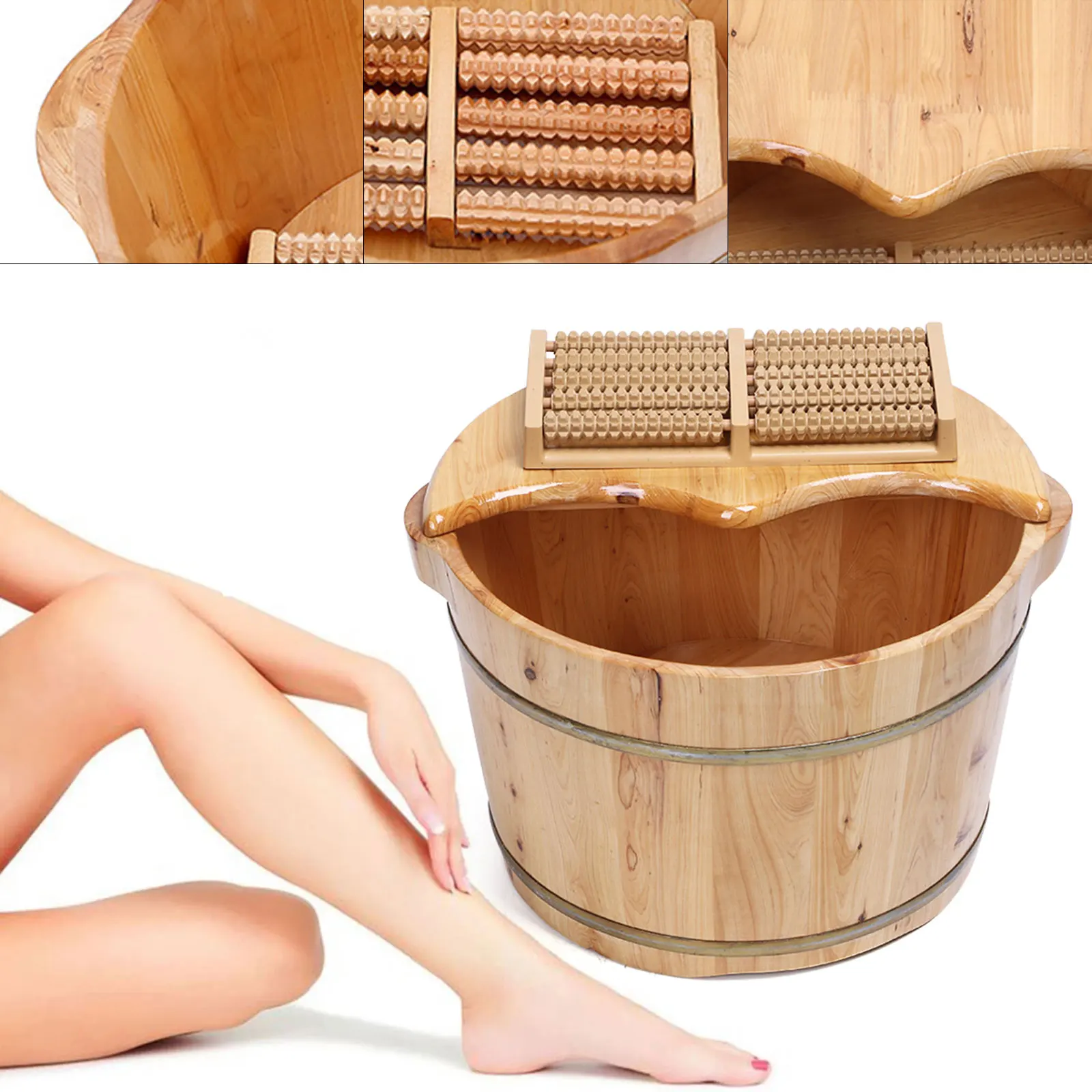 Wooden Health Foot Bath Basin Massage Barrel Feet Spa Soak Bucket Roller