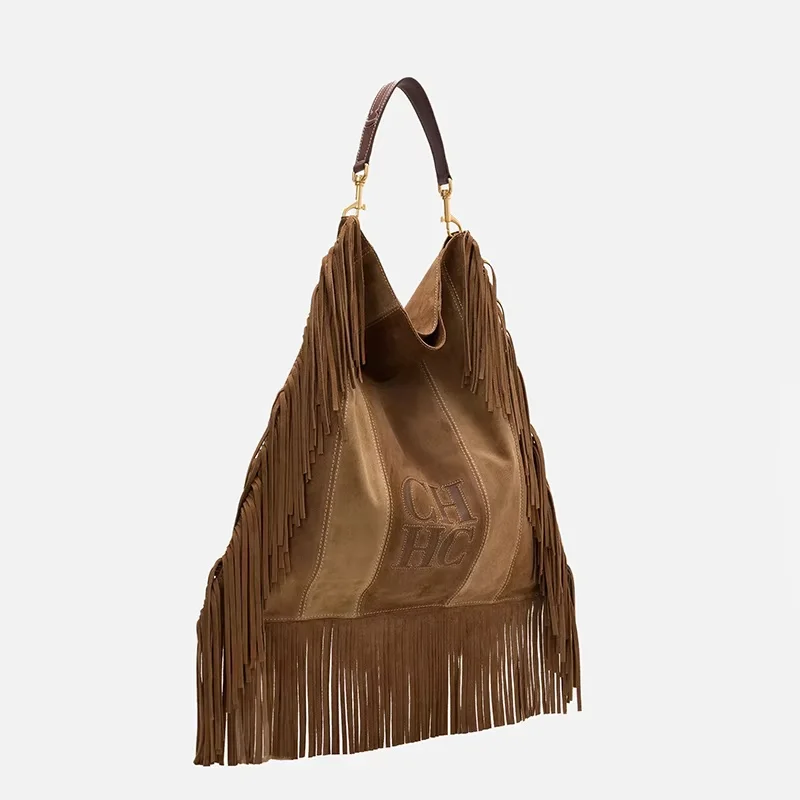 CH Leather Suede Fringe Hobo Bag Brown Large Capacity Tassel Shoulder Bag Retro Western Style Casual Handbag For Women Daily image 6