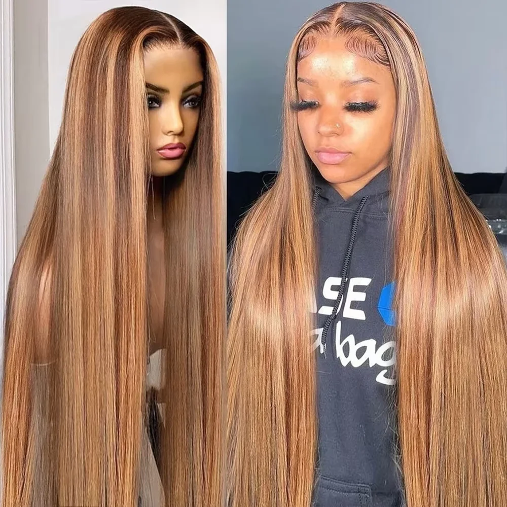 Pre Cut Straight 13x4 Lace Frontal Wig Highlight Ombre  7x5 Lace Closure 4/27 Brown Colored Preplucked Glueless Wigs For Women