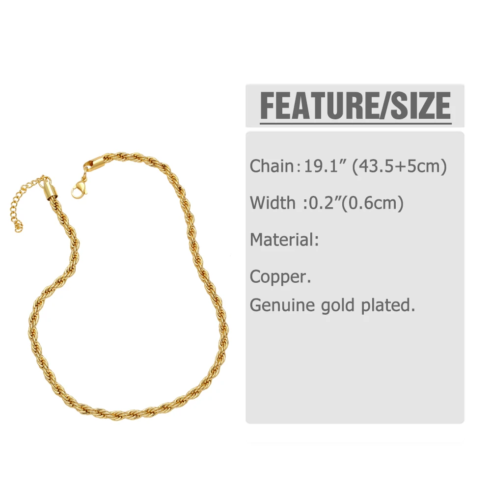 OCESRIO-Cadena de cuerda trenzada de cobre chapada en oro, collar hecho a mano, suministros de fabricación de joyas, 3/4/5/6mm, nker31