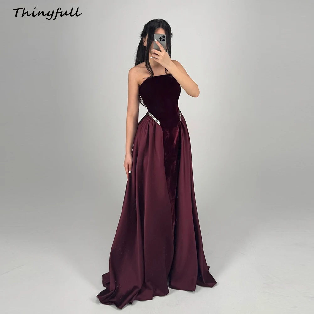 

Thinyfull A-line Satin/Velvet Prom Dresses Strapless Sleeveless Crystal Evening Gown Arab Formal Dress Robe De Soirée Customized