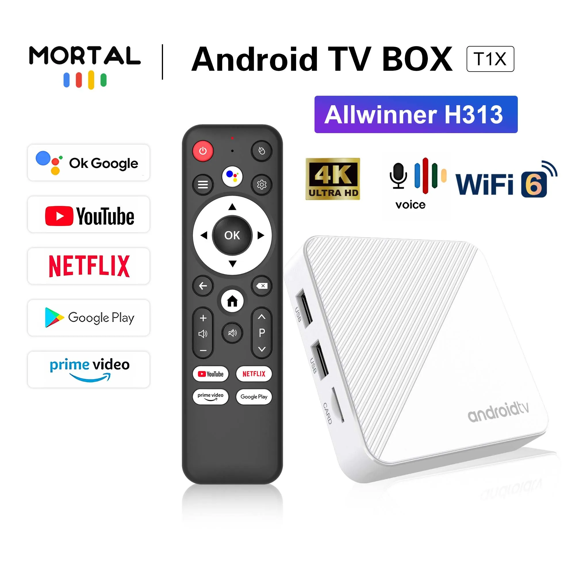 Mortal T1X Wifi 6 BT5.0 Google Assistant YouTube Set Top Box Android 14 Allwinner H313 4K Android TV Box Streaming Media Player