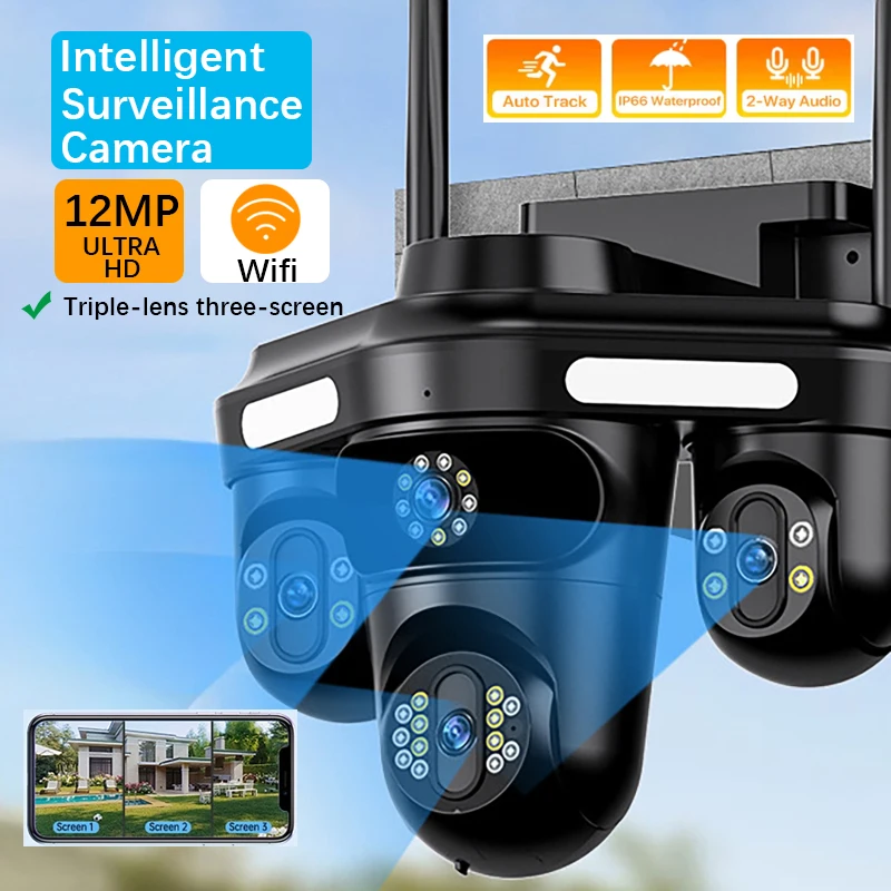

Intelligent Surveillance Camera Auto Tracking Three Screen Three Lens 12MP HD WIFI IP Camera IP66 Waterproof CCTV Security Cam