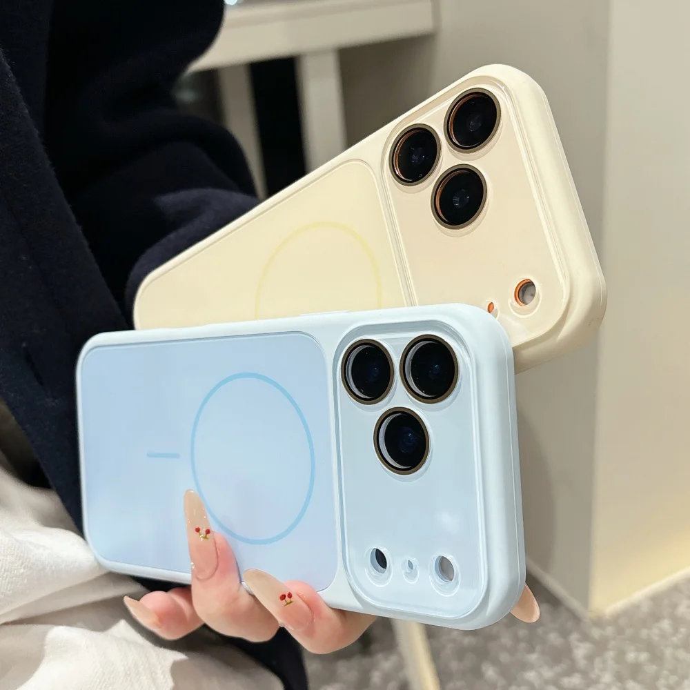 Luxus Original Glas Objektiv Schützen Matte Magnet Fall Für iPhone 17 16 15 14 13 Pro Max Für Magsafe Ladung Flüssigkeit Silikon Abdeckung