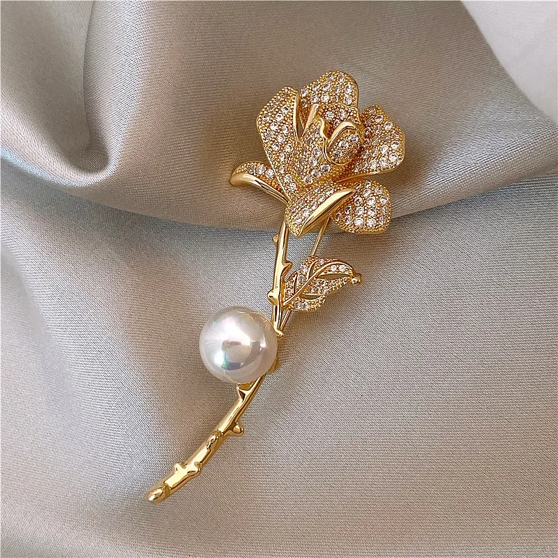 Brooch Rhinestone Tulip Flower Brooch Anti-glare Suit Brooch Collar Pin Jewelry  All Match Simulated Pearl Jewelry Fine Gift