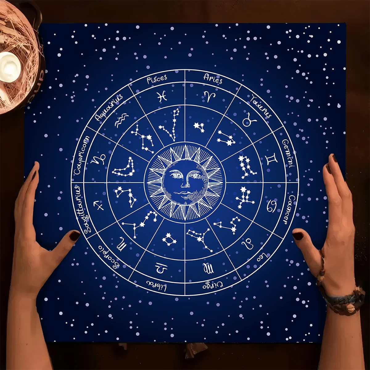 1pc Zodiac Star Plate Tarot Card Mat - Astrology Themed Polyester Tablecloth with Constellation Diagrams, Ideal for Home Decor