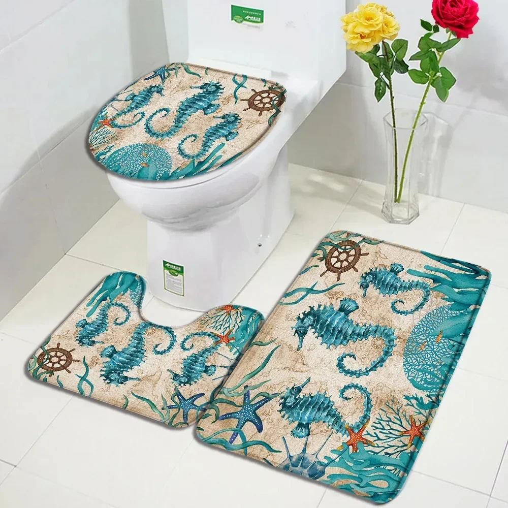 Ocean Animal Bath Mat Set Sea Turtle Octopus Seahorse Seaweed Vintage Nautical Map Bathroom Decor Non-Slip Rugs Toilet Lid Cover