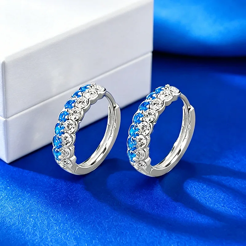 Luxury white gold solid platinum PT950 blue and white color matching diamond earrings | Versatile for daily commuting with  cool