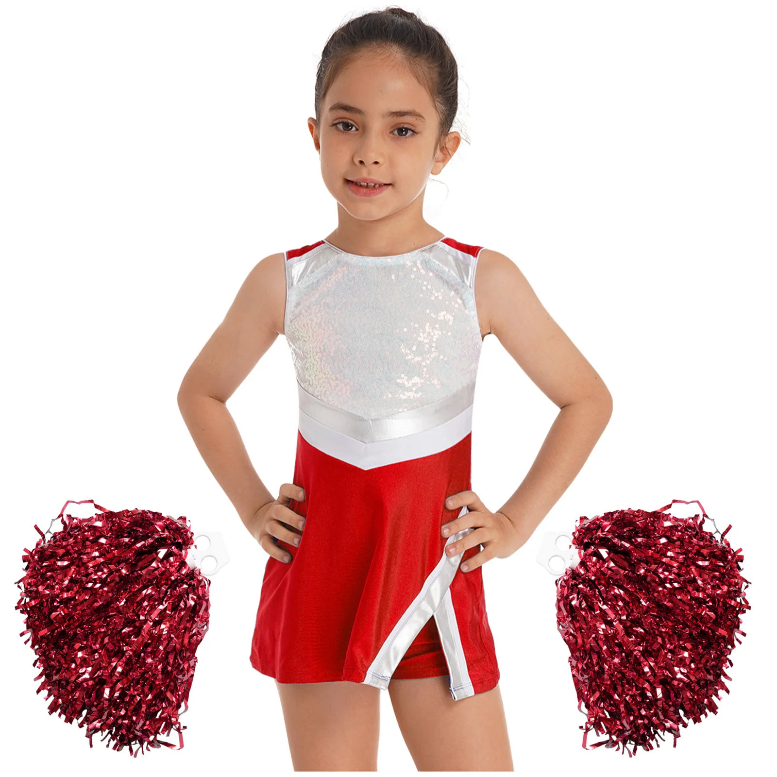 

Kids Girls Cheerleading Dance Costume New Sleeveless Shiny Sequins Dress+Shorts+2Pcs Flower Balls Set for Performance Streetwear