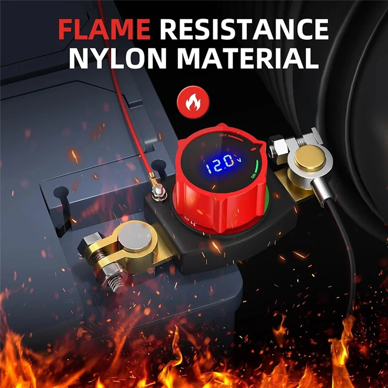 Zestaw złącz akumulatora samochodowego ABZC-Brass 12V-48V, mocowane na górze, z włącznikiem/wyłącznikiem, woltomierzem, zasilaniem i połączeniami ujemnym i dodatnim.