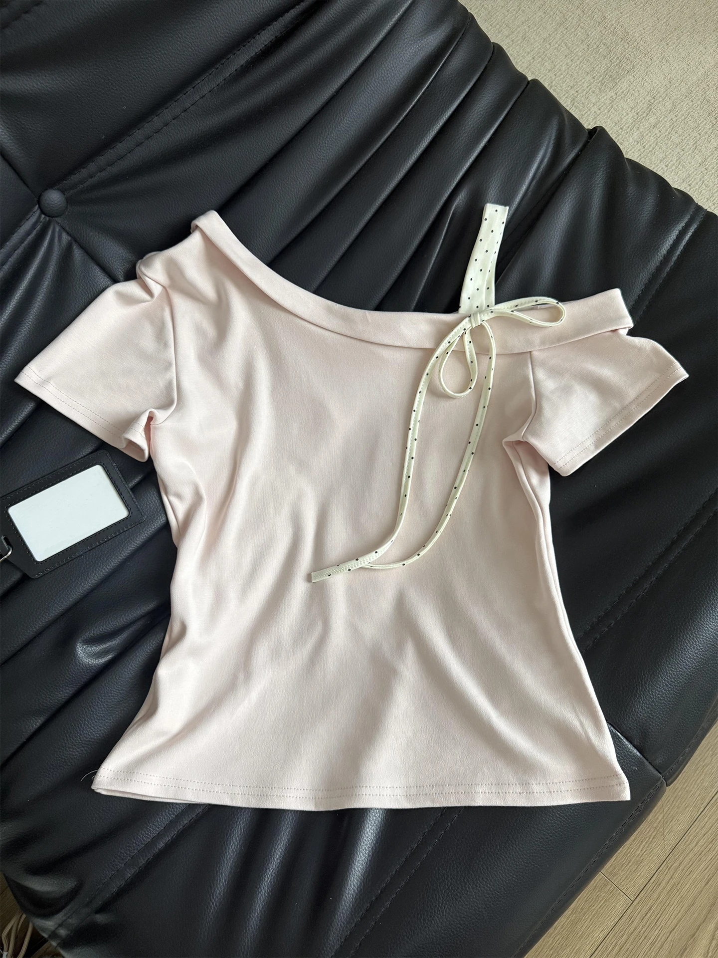Korean Polka Dot Banded Shoulder Short Sleeve T Shirt Women Summer Short Unique Beautiful Pink Top Girl Style High Waist