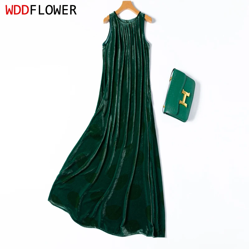 

Women Silk Velvet Tank Dress 100% Mulberry Silk Lining Long Type Dark Green Sleeveless Crew Neck Midi Long Dress M1216