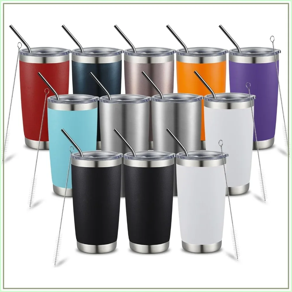 

20oz Stainless Steel Tumbler with Straw, Insulated Travel Coffee Mug, Splash Proof Lid, 12 Pack