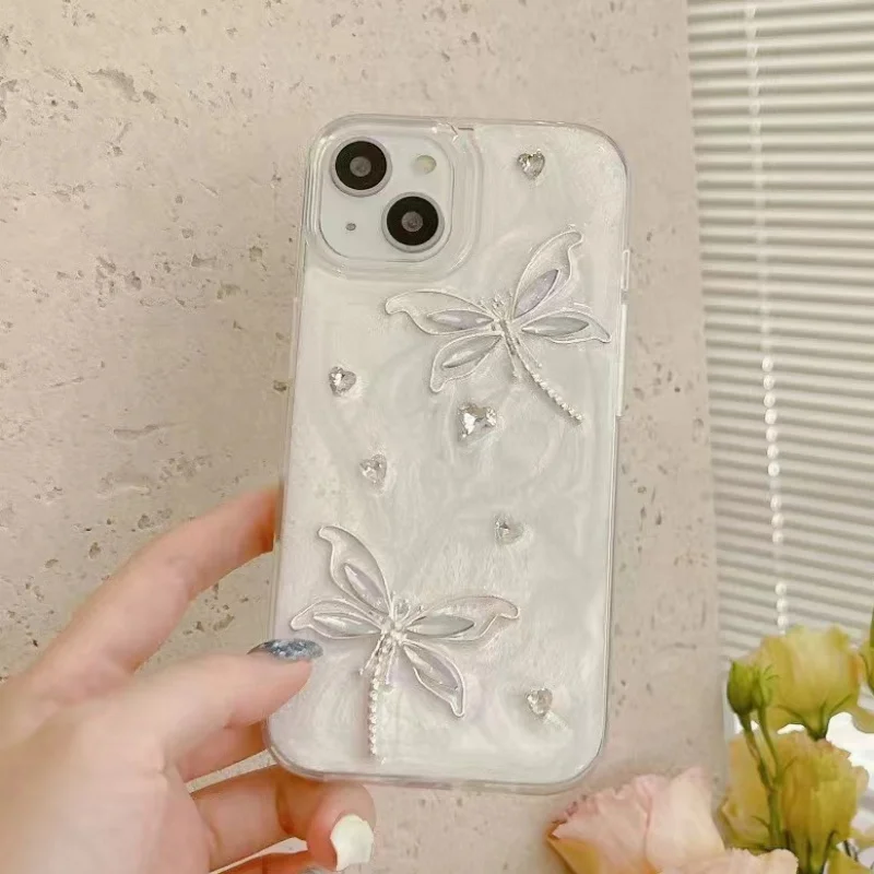 3D Dragonfly Diamond Love Heart Epoxy Phone Case For iPhone 16 15 14 13 12 11 Pro Max 16 Plus Shockproof Protective Back Cover