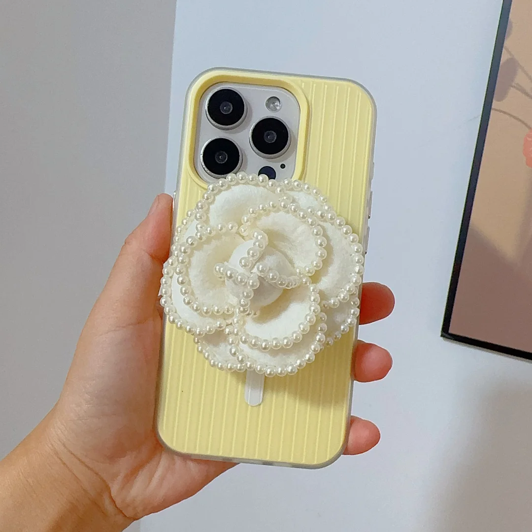 

For Magsafe Magnetic 3D pearl flower Phone Holder Case for iPhone 17 16 15 14 Phone Cover 13 Pro MAX Hard Shockproof Back Funda