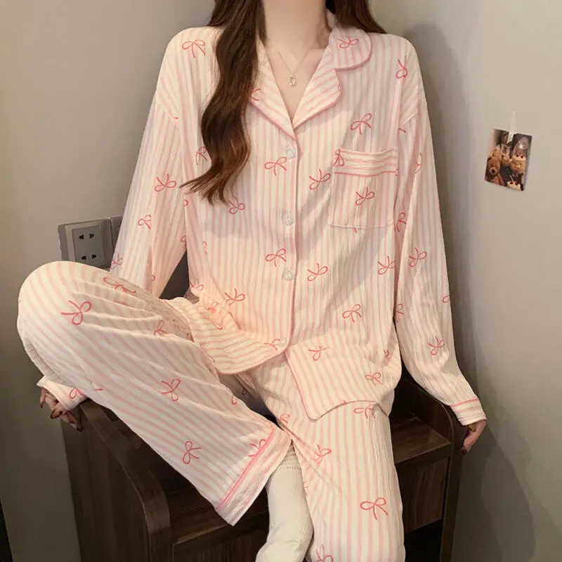 

Pink Bow Design Pajamas for Women Long Sleeve Top & Elastic Waist Pants Pajamas Set Harajuku Style Casual New Home Wear