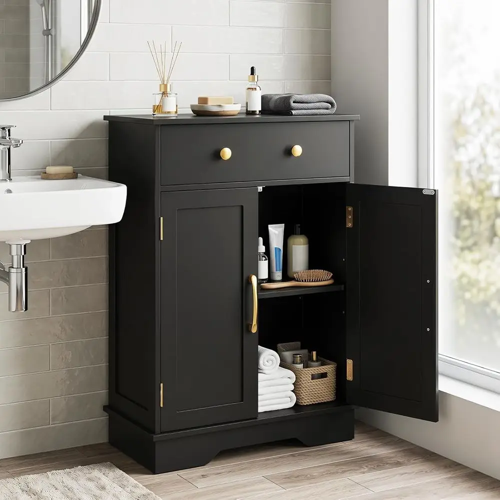 Bathroom loor Cabinet, ern reestanding Bathroom Storage Cabinet w/Large Pull-Out Der, 2 Do, 3-Position Adjustable Shel, Ideal or