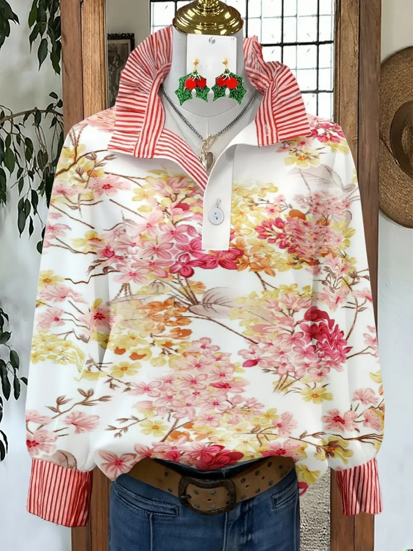 Christmas Women's Top Spring and Autumn Winter Women's Stand up Collar Shirt Long Sleeve, Buckle closure