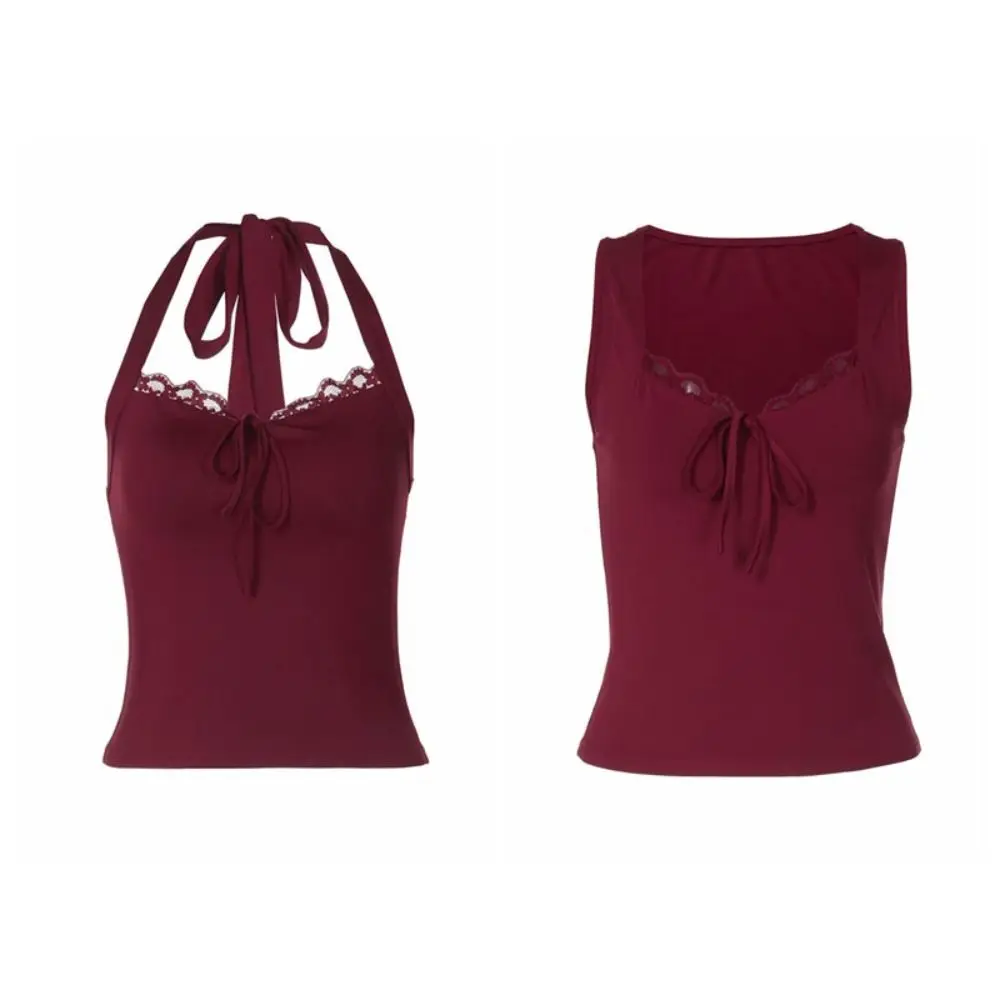 Top corto slim con scollo a V chic T-shirt con fondo all'americana con fiocco in pizzo Dolce canotta elastica con lacci Ragazza piccante