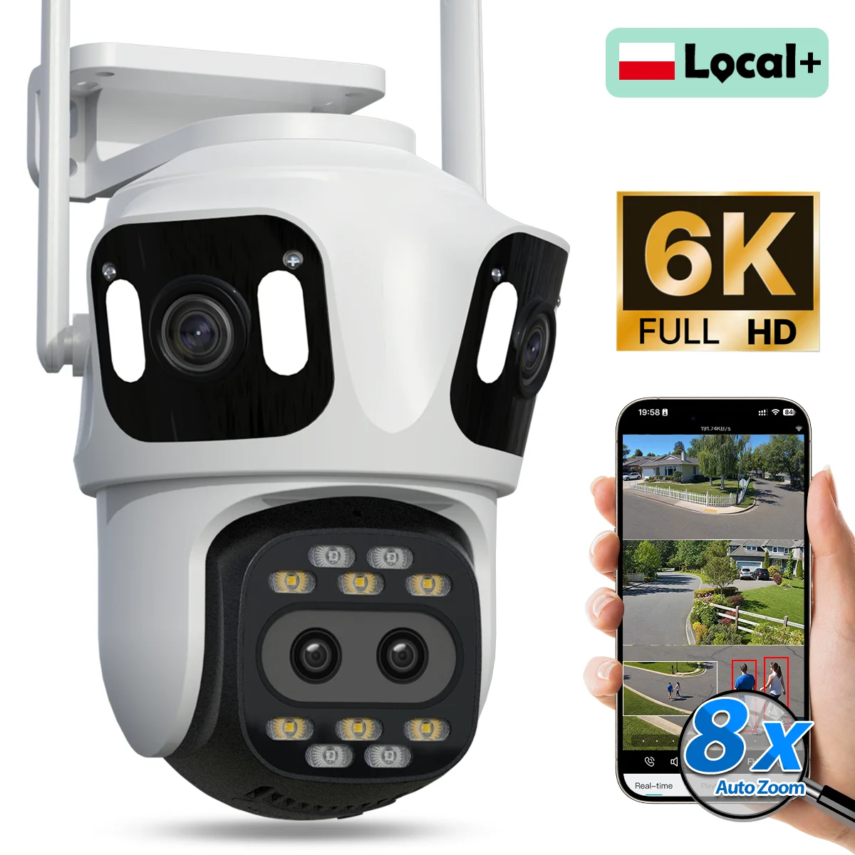 Telecamera PTZ WONSDAR con quattro obiettivi, quattro schermi, connettività WiFi, per esterni, con funzione di tracciamento automatico, visione notturna, audio bidirezionale e monitoraggio di