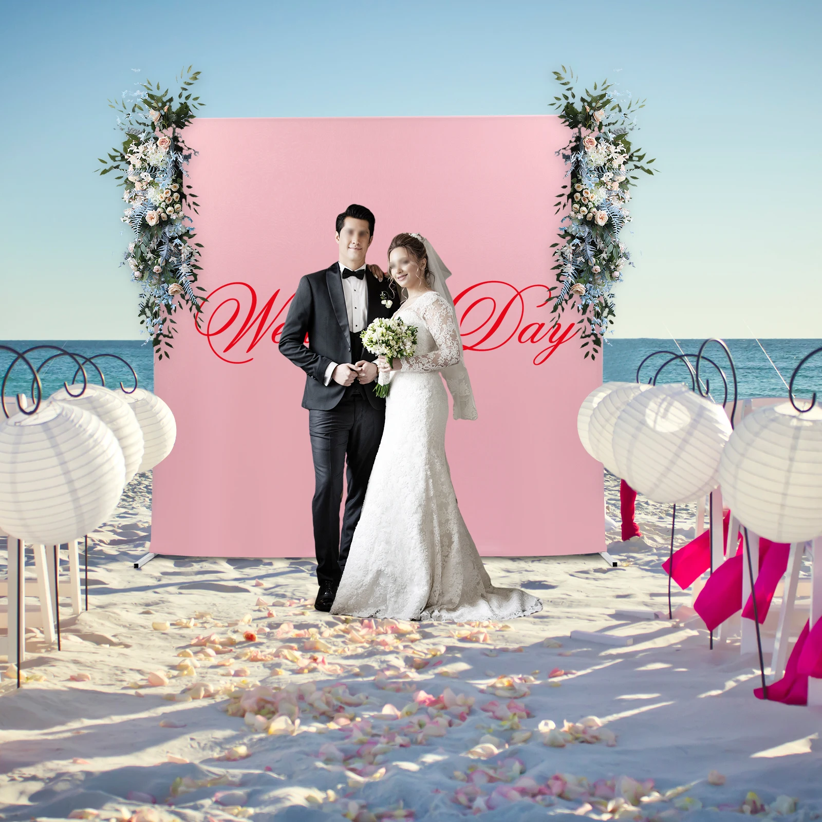 

6.56ft White Wedding Backdrop Stand + Pink Elastic Cover, 19mm Iron Pipe, 15.4-17.6lbs Load—Tool-Free Assembly for Weddings