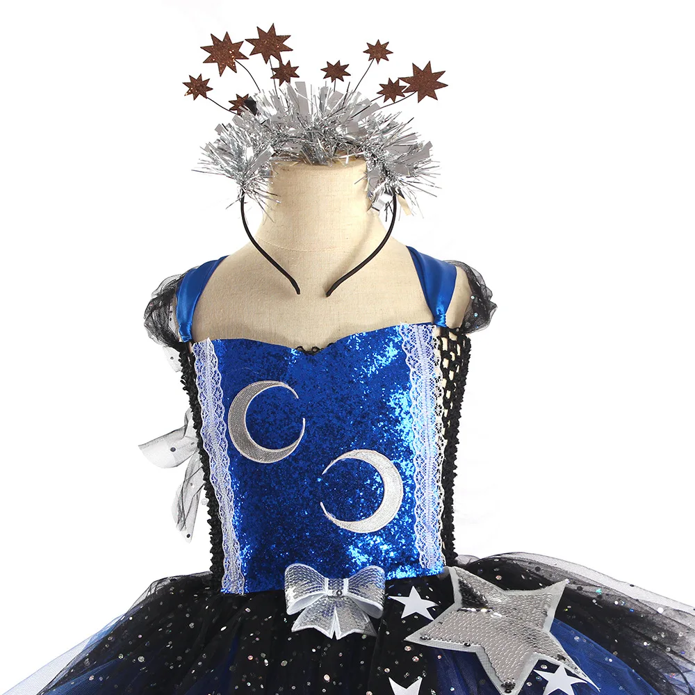 Atemberaubendes Glitzerndes Galaxy Chicas Tutu-Kleid Nachthimmel Sterne Mond Kinder Halloween-Kostüm Funkelndes Festkleid Gala-Party Ballkleid – Detail 11