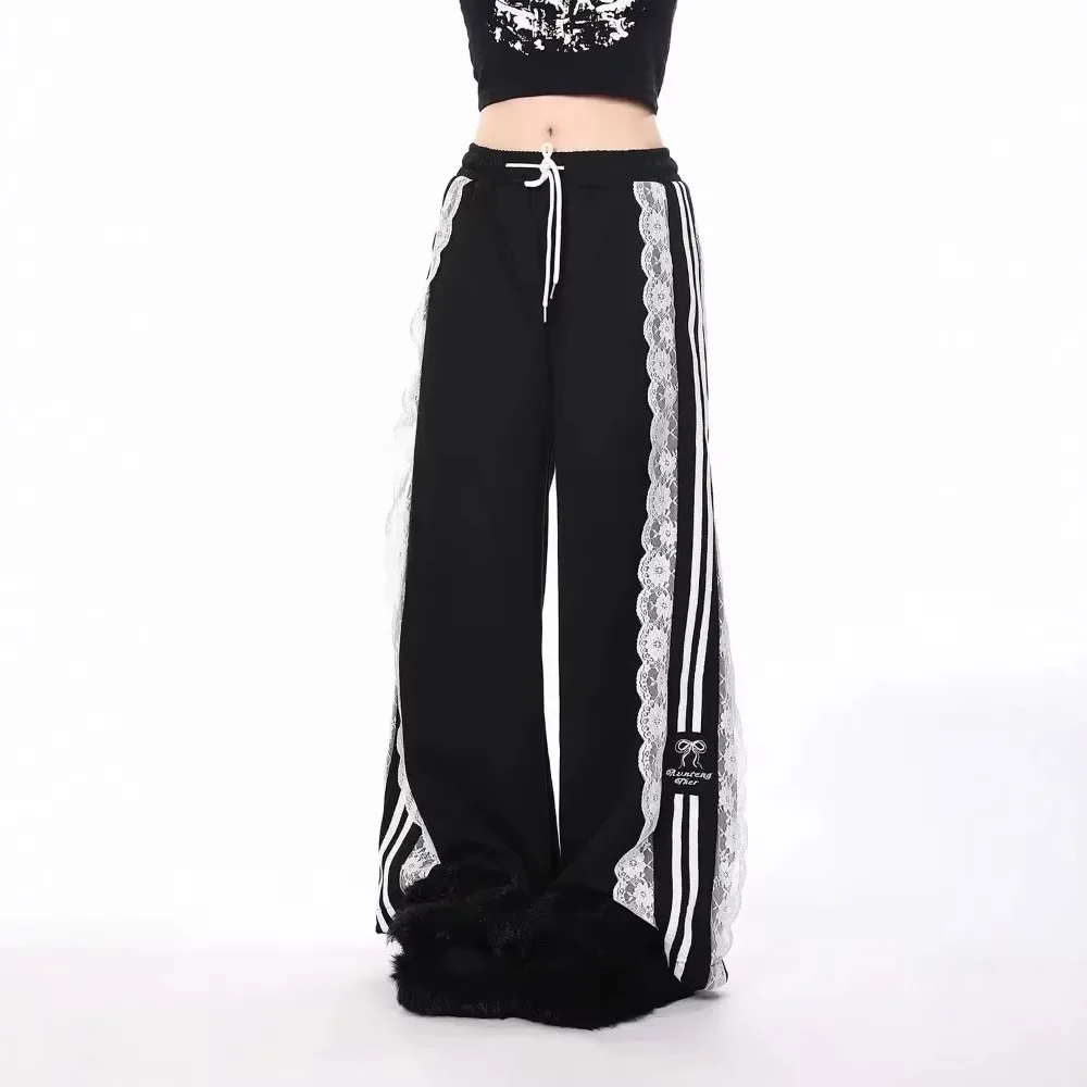 

Y2K Retro Striped Loose Sports Pants Women's Japanese Harajuku Lace Trim Sweatpants Korean Version Street Straight Leg Trousers