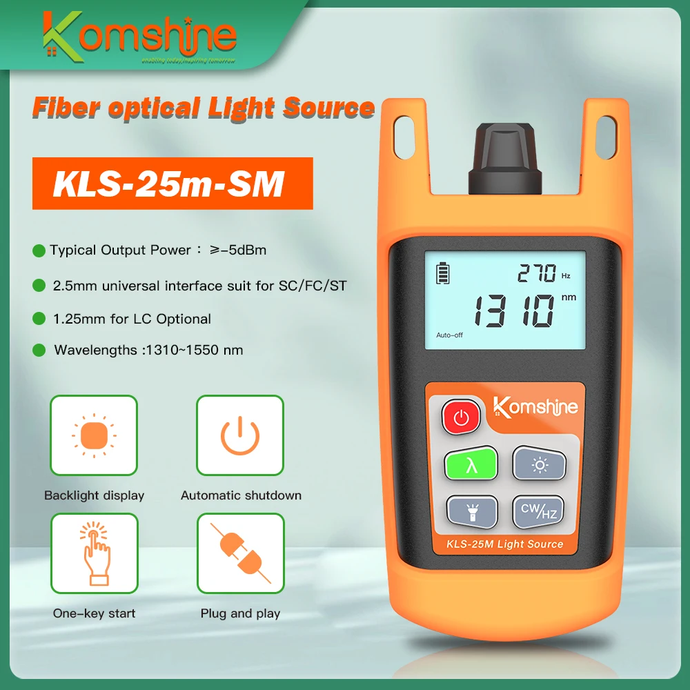 -5dBm Output Power Fiber Optic Laser Source 1310/1550nm Komshine KLS-25M-S Singlemode Optical Light Source Tester w/LED Function