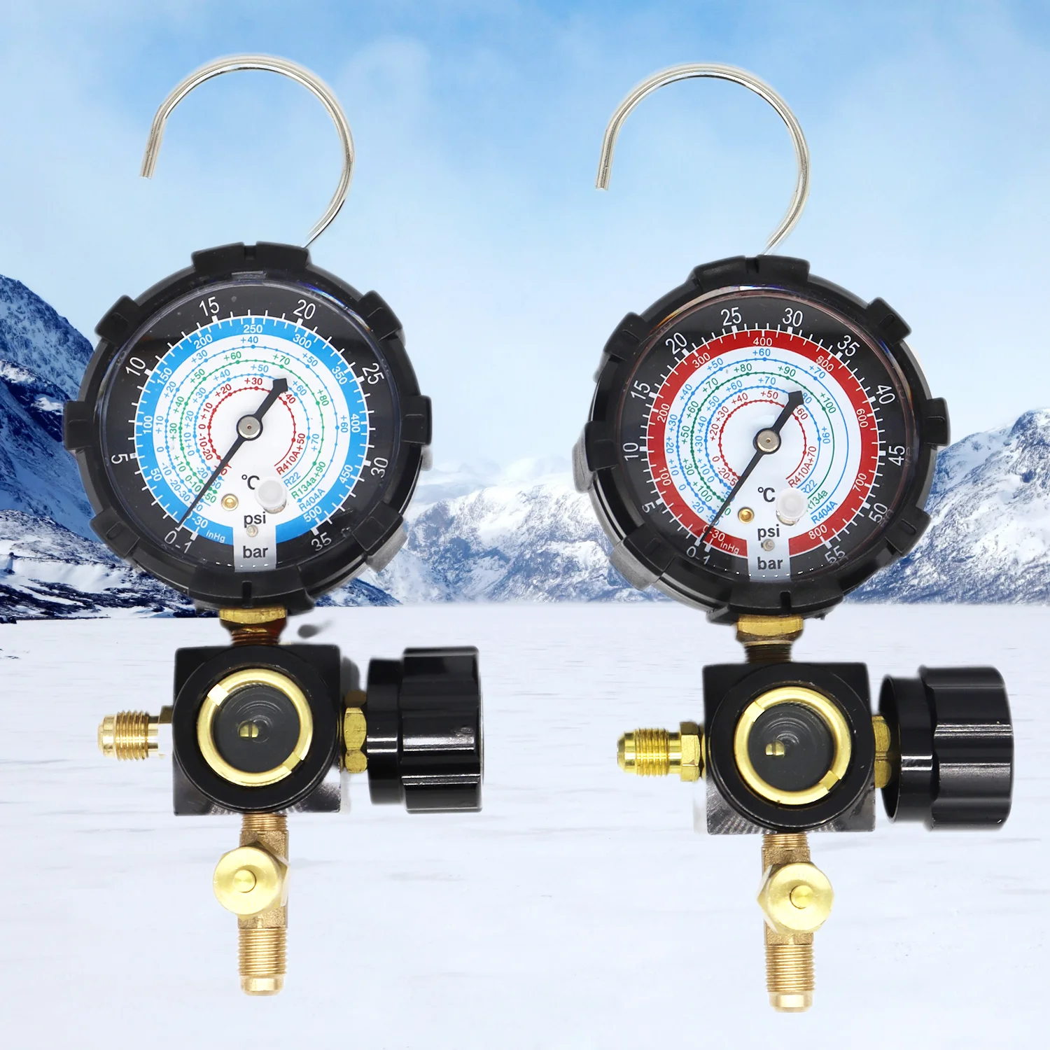 R410a Diagnostic Manifold Freon Gauge Set High Pressure A/C Refrigeration Tool for R22/R410A/R134A/R410a with Sight Glass G1/4