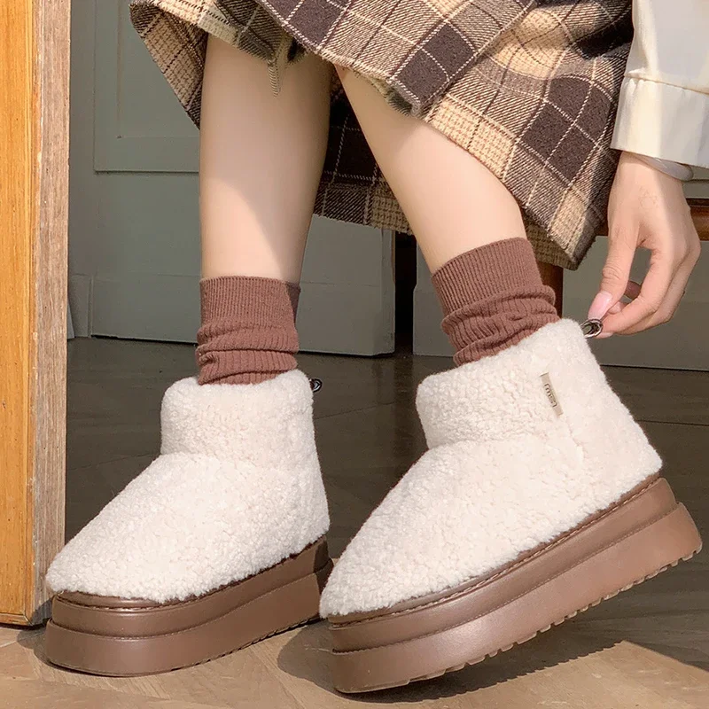 Winter Lambswool Platform Snow Boots Women Slip On Thick Sole Warm Cotton Padded Shoes Woman Anti Slip Thicken Plush Short Boots