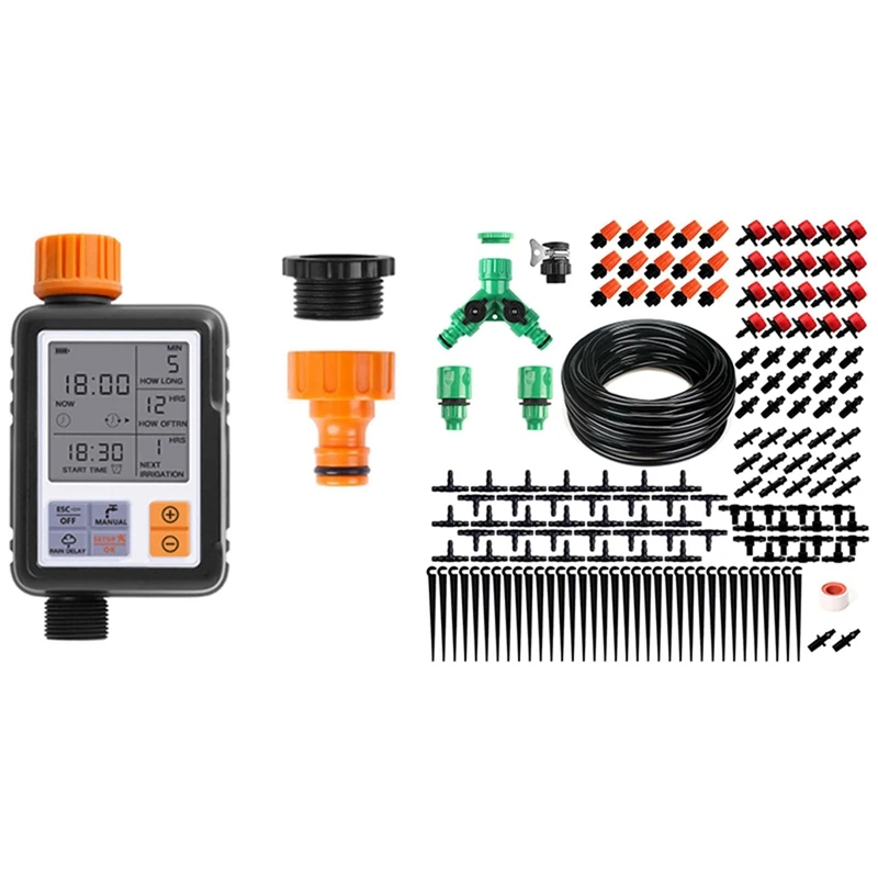 

40M Mini Drip Irrigation Kit And Nozzle 1/4 Inch Hose With Smart Programmable Water Timer For Garden Lawn