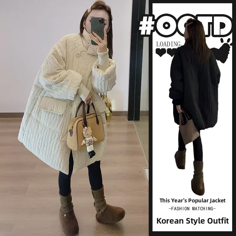

Stylish Autumn Winter Cotton Jacket Women's Hebe Style Casual Pleated Fashionable Anti-Aging Outerwear Beautiful Lengthened Coat