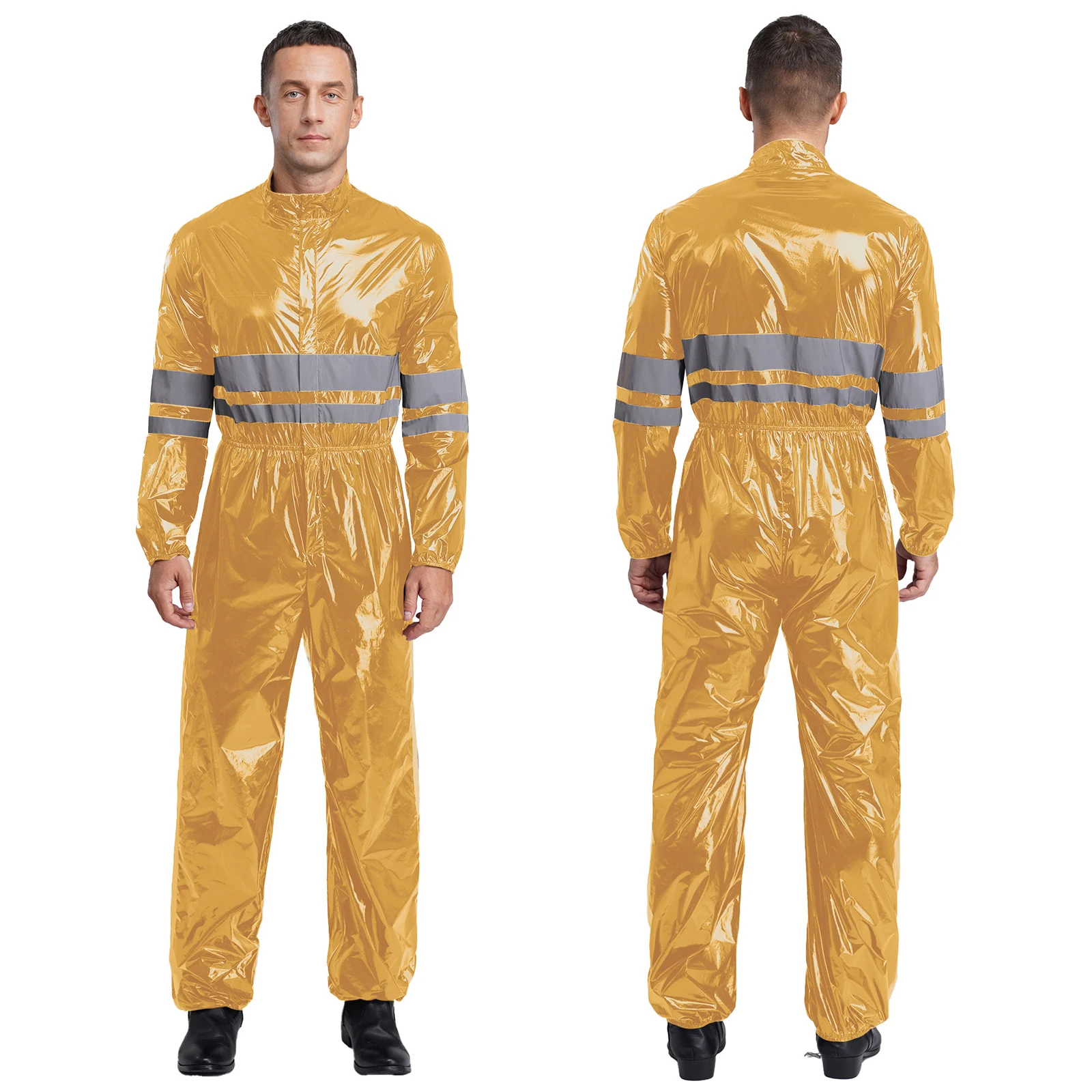 

Men Shiny High Visibility Water Resistant Coveralls Factory Workshop Working Costumes Long Sleeve Elastic Waist Zipper Jumpsuit