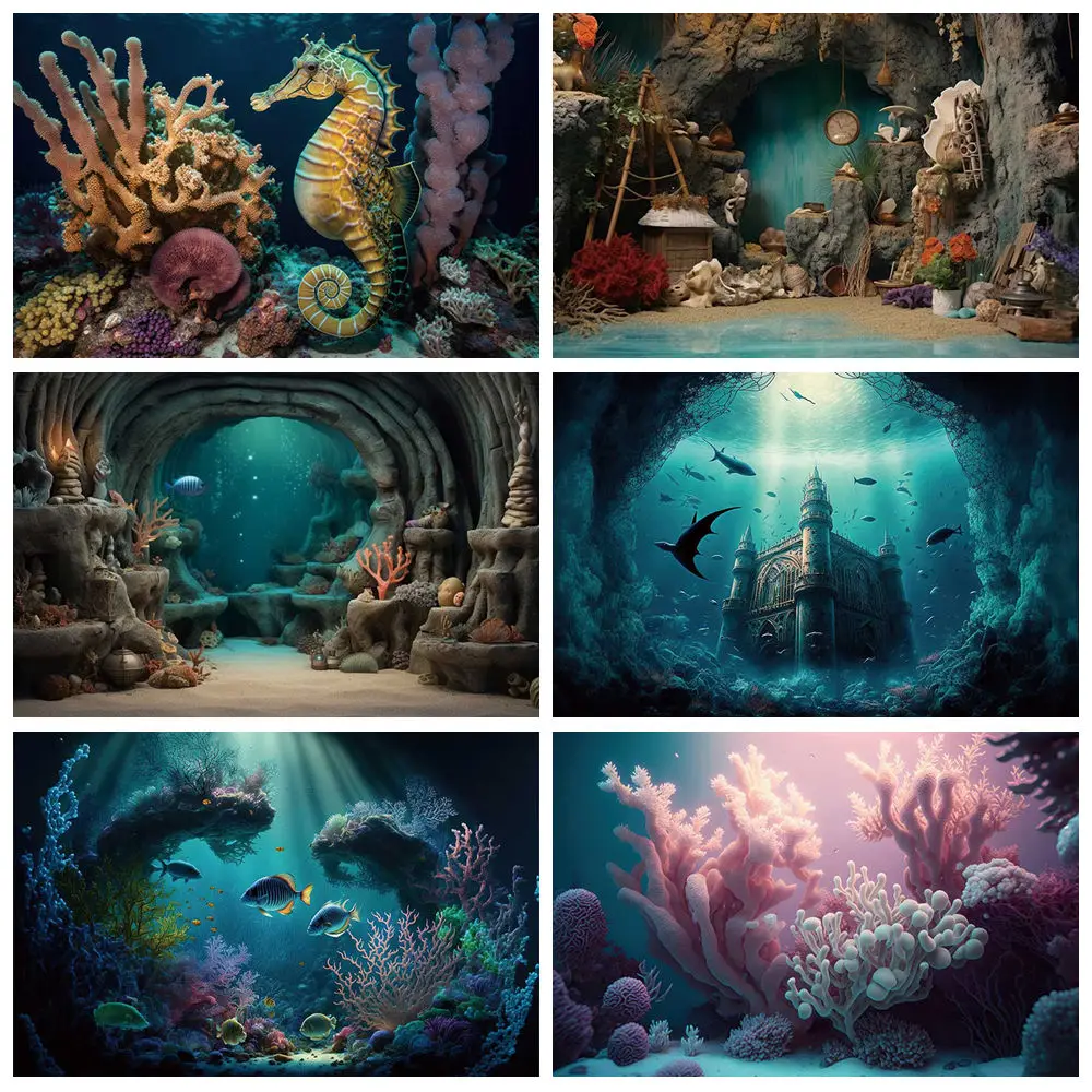 

MOON.QG Deep Sea Under Water Plants Jellyfish Octopus Coral Background Photogrpahy Aquarium Backdrop Photo Studio Baby Photocall