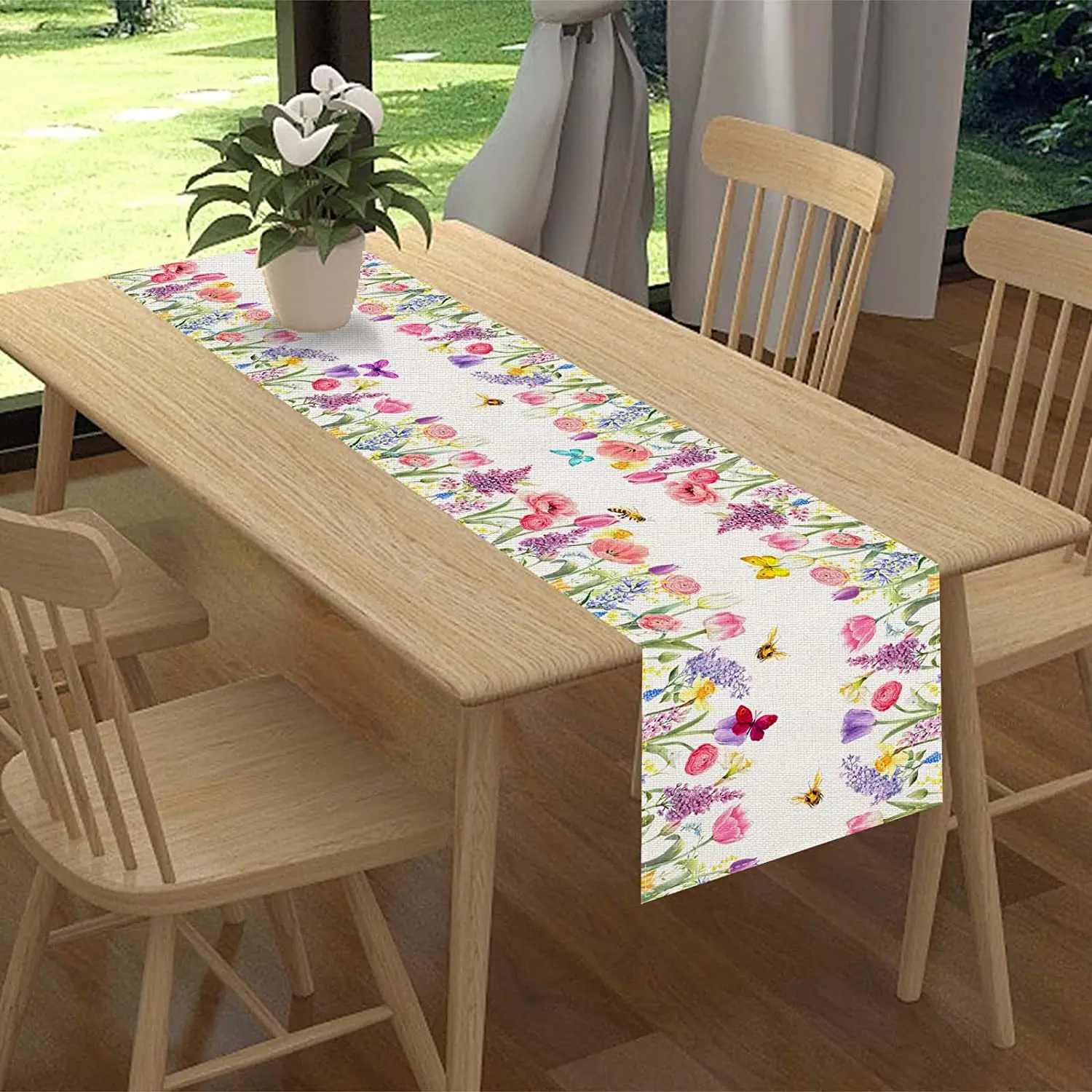 

Watercolor Tulip Lavender Butterfly Linen Table Runner Wedding Decoration Easter Floral Table Runner for Home Kitchen Decor