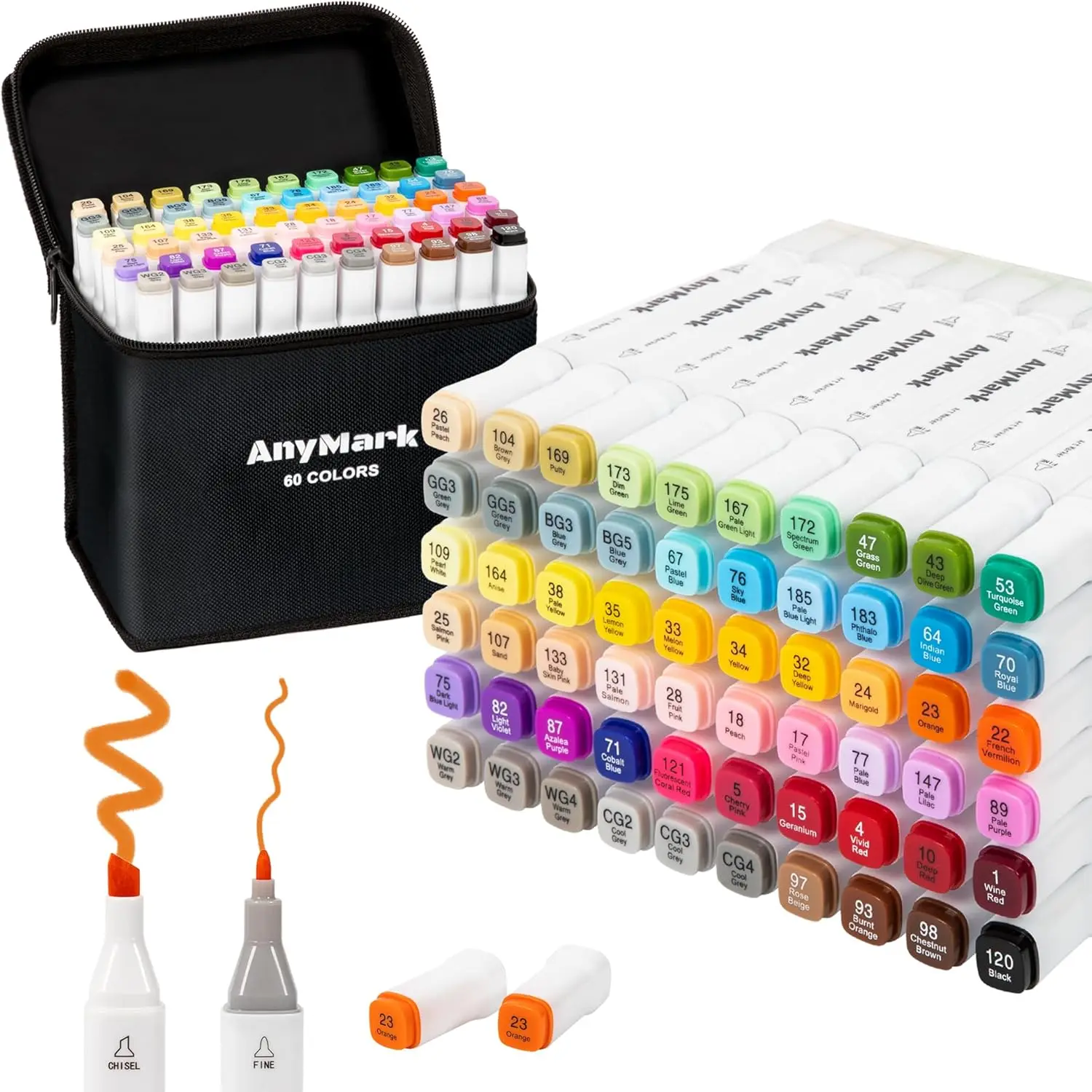 

60 Colors Dual Tip Alcohol Markers Set for Adult Kids Coloring Book Drawing Sketching, Chisel & Fine, White Penholder