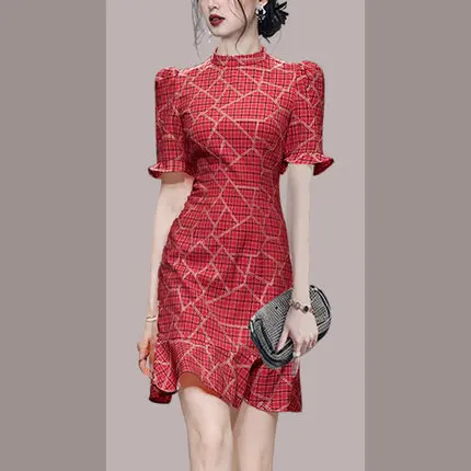 High Quality 2022 New Summer Women Elegant Temperament Stand Collar Puff Sleeve Embroidery Ruffles Bodycom Slim Party Dress