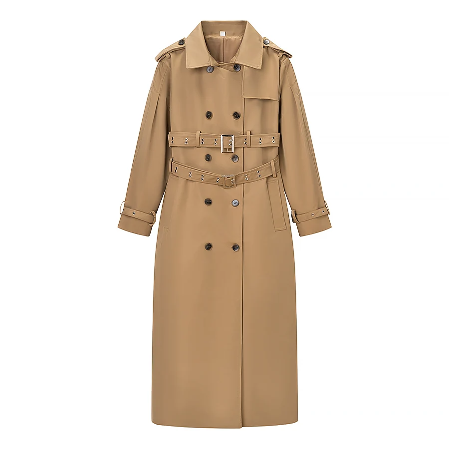 Cross-Border Double-Belted Double-Row Button Casual Coat Fashionable Large Collar Women's Outerwear Straight Cut Long Sleeve