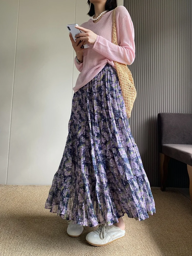 

Асимметричная юбка-миди с высокой талией и цветочным принтом, женская летняя новая корейская версия, юбка трапециевидной формы, расклешенная юбка-зонтик